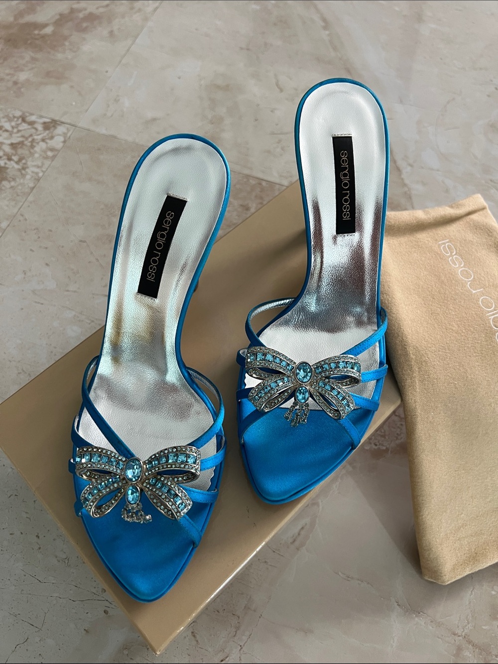 Sergio Rossi Turquoise Satin Crystal Bow Mules